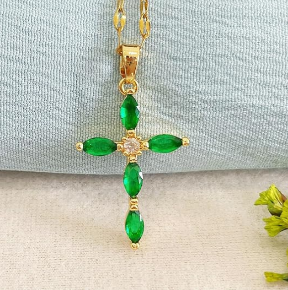 Gold Emerald Marquise Cross Necklace
