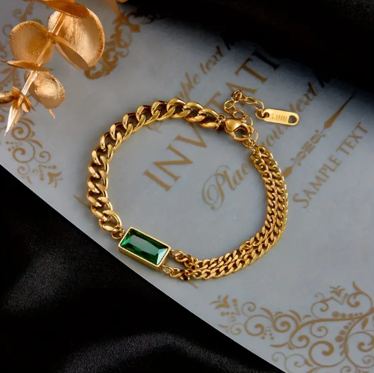 Gold Emerald Bar Chain Bracelet