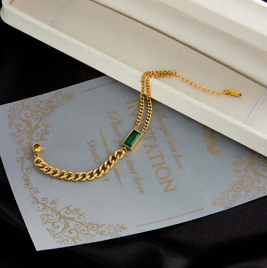 Gold Emerald Bar Chain Bracelet