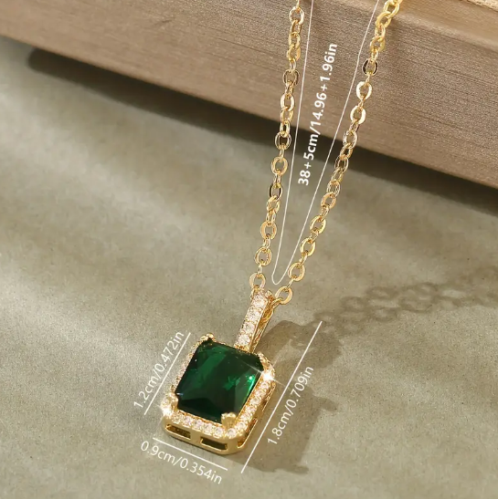 Gold Emerald Rectangular Halo Necklace