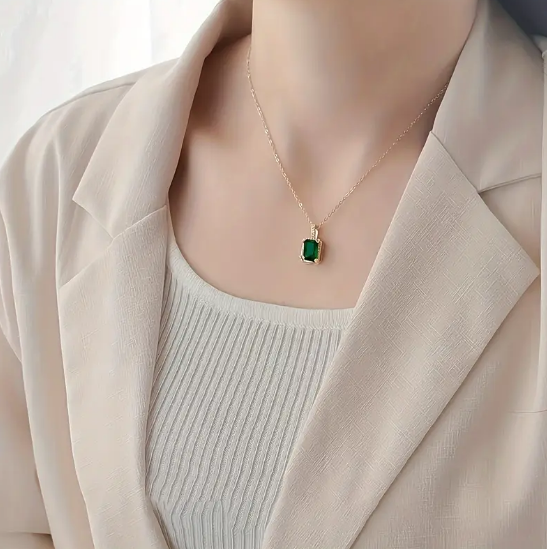 Gold Emerald Rectangular Halo Necklace