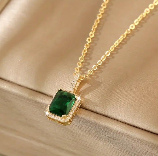 Gold Emerald Rectangular Halo Necklace