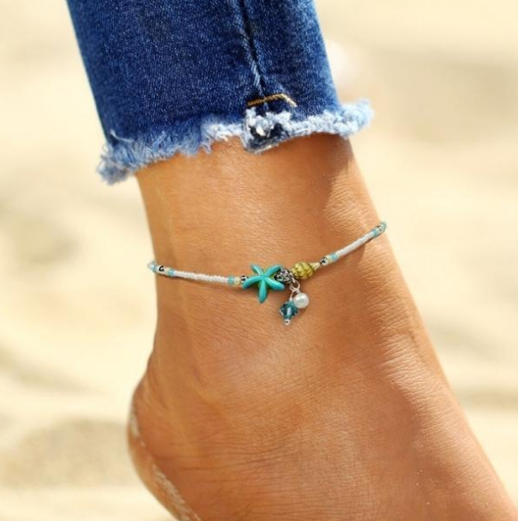Star and Shell Anklet Bracelet with Natural Stones