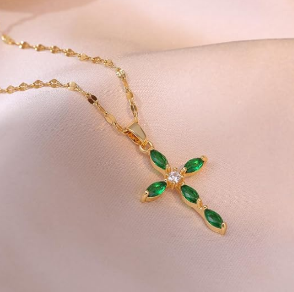 Gold Emerald Marquise Cross Necklace