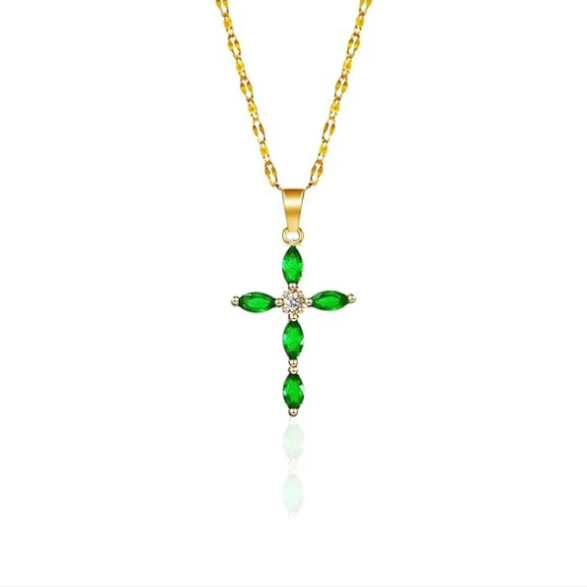 Gold Emerald Marquise Cross Necklace