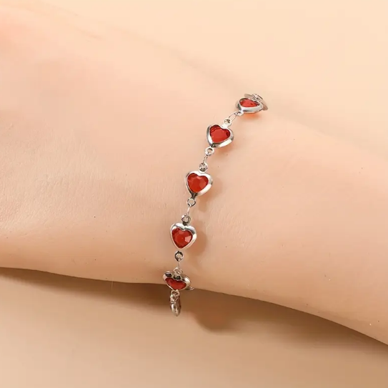 Silver Ruby Heart Chain Bracelet