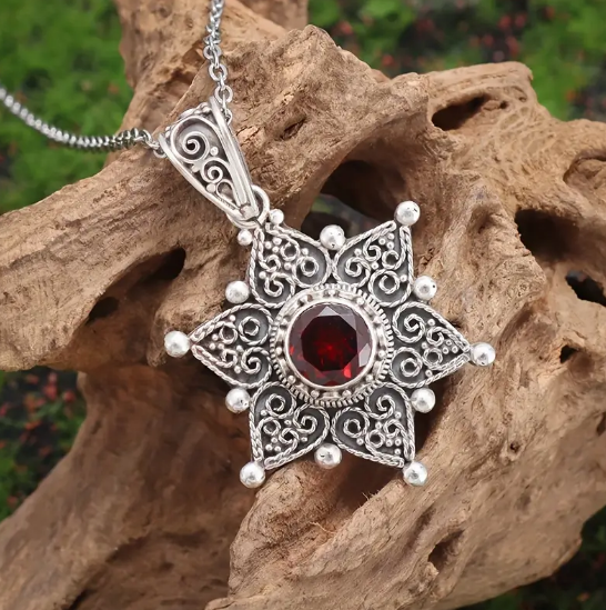 Silver Ruby Star Pendant Necklace