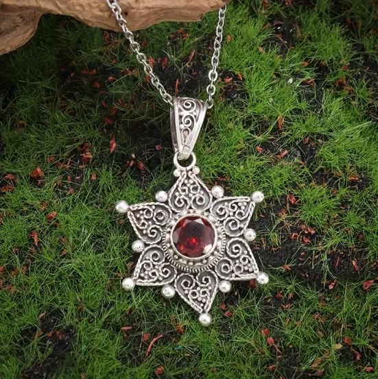 Silver Ruby Star Pendant Necklace