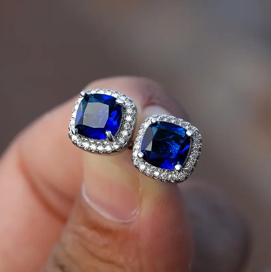 Silver Sapphire Halo Stud Earrings