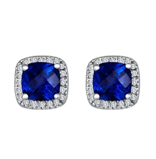 Silver Sapphire Halo Stud Earrings