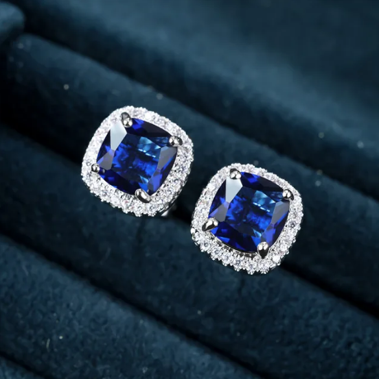 Silver Sapphire Halo Stud Earrings