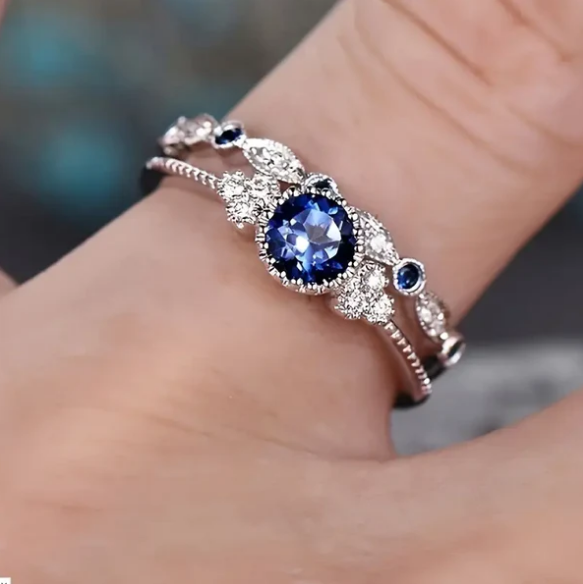 Silver Sapphire Halo Ring