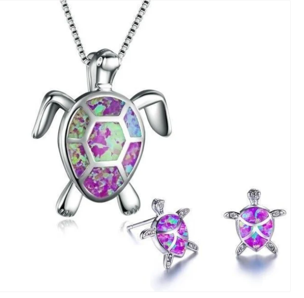 Sea Turtle Necklace + Earrings Set in Opal and Silver