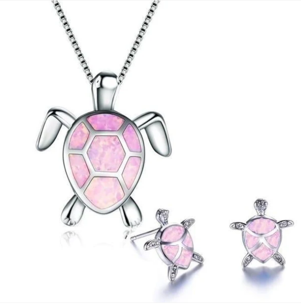 Sea Turtle Necklace + Earrings Set in Opal and Silver