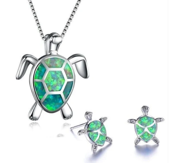 Sea Turtle Necklace + Earrings Set in Opal and Silver