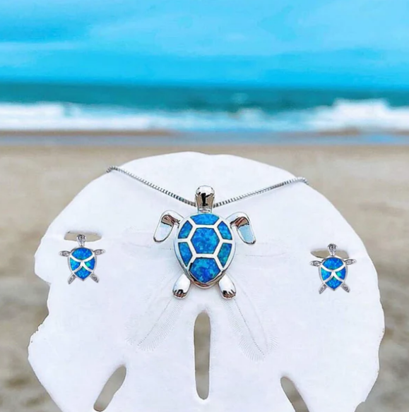Sea Turtle Necklace + Earrings Set in Opal and Silver