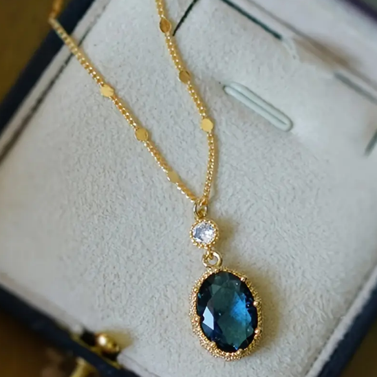 Gold Sapphire Oval Drop Necklace
