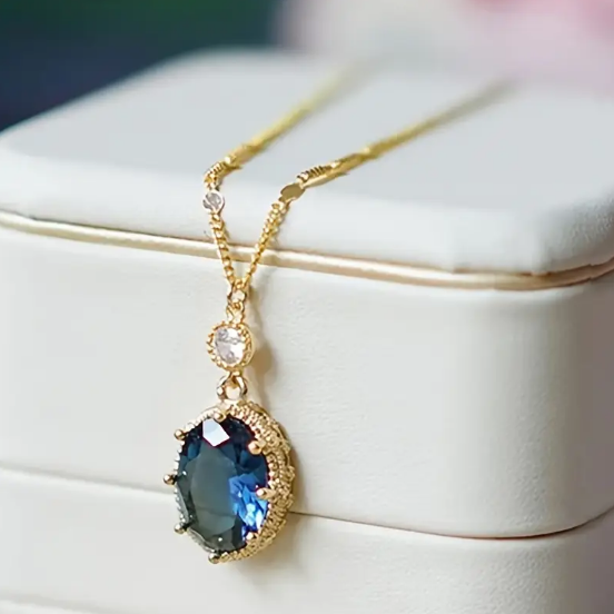 Gold Sapphire Oval Drop Necklace