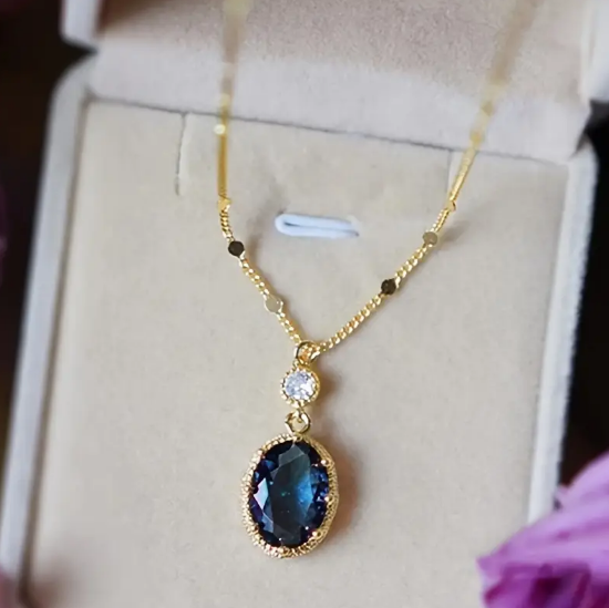 Gold Sapphire Oval Drop Necklace