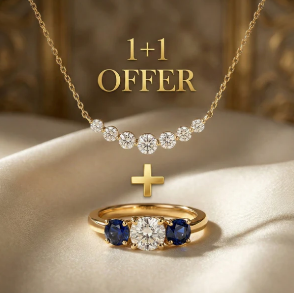 1+1 Offer: Golden Three Stone Cushion Cut White & Blue Sapphire Wedding Band Ring for Women + Round Cut White Sapphire Gold Necklace