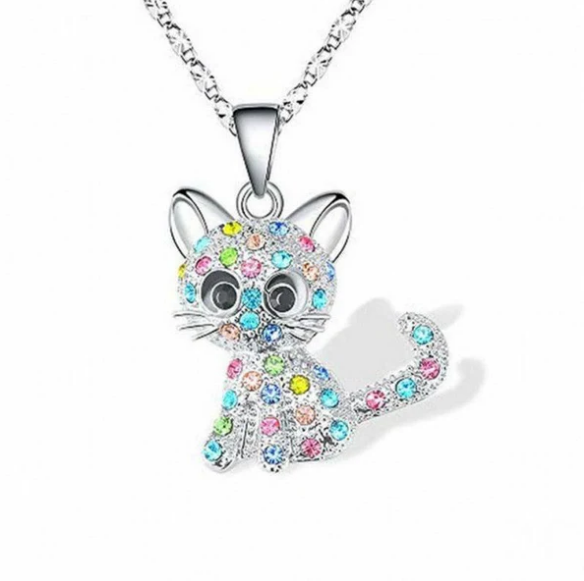 Silver Baby Kittens and Colored Zirconia Necklace