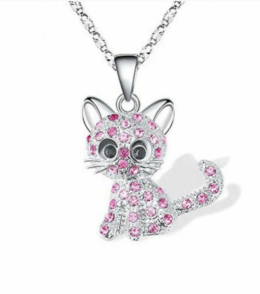 Silver Baby Kittens and Colored Zirconia Necklace