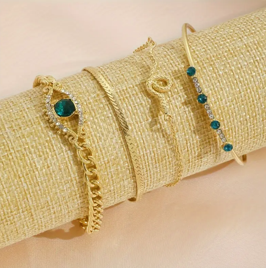 Gold Emerald Charm Bracelet Set
