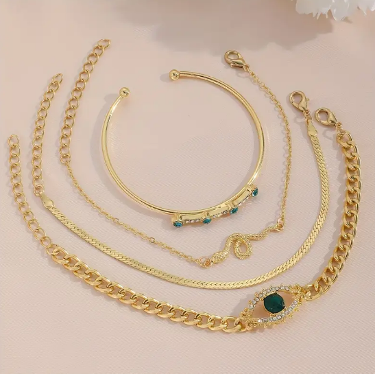 Gold Emerald Charm Bracelet Set