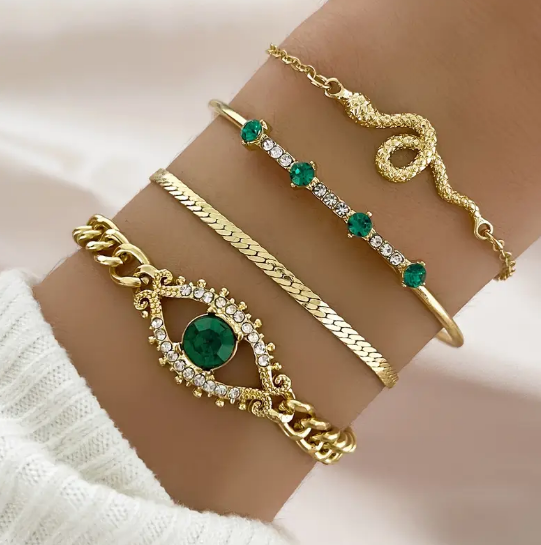 Gold Emerald Charm Bracelet Set