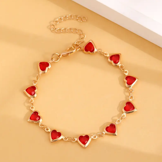 Gold Ruby Heart Chain Bracelet