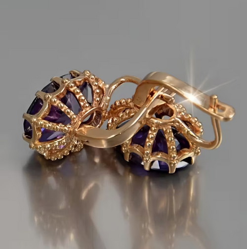 Gold Amethyst Crown Earrings
