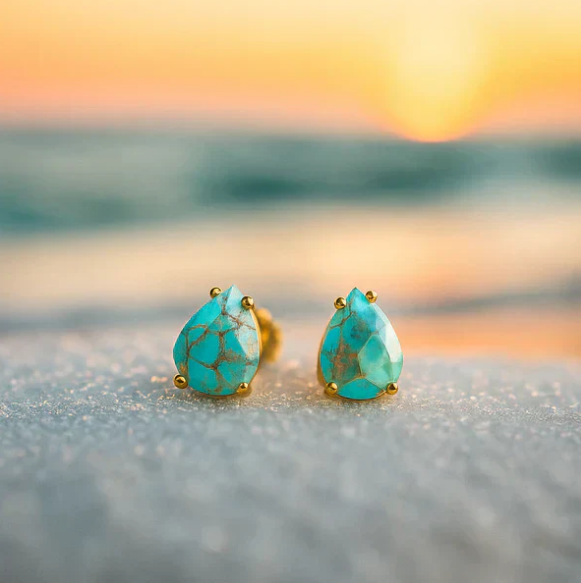 1+1 Offer: Vintage Turquoise Inlaid Stone Gold & Silver Ring + Mediterranean Tears – Turquoise Stone Stud Earrings