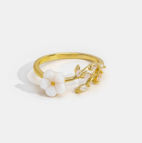 Gold Floral and Leaf Open Ring