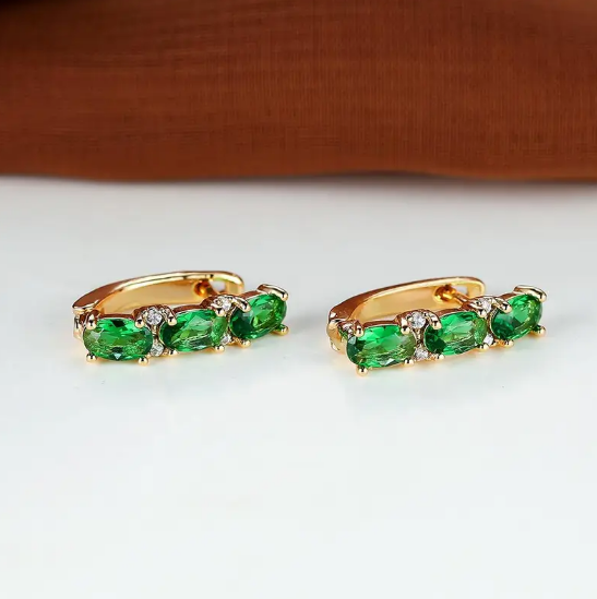 Gold Emerald Vertical Hoop Earrings