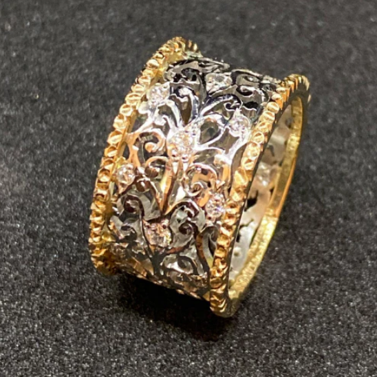 Silver and Gold Ornate Band Ring