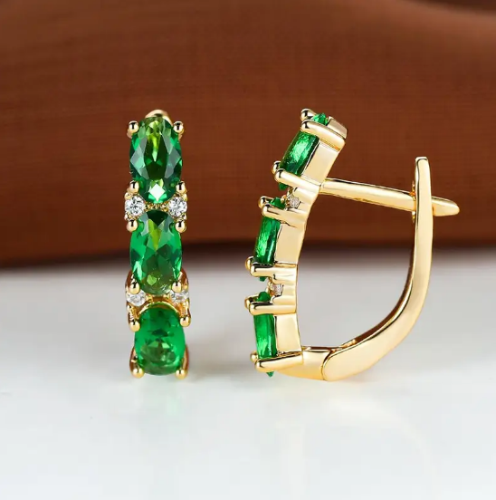 Gold Emerald Vertical Hoop Earrings