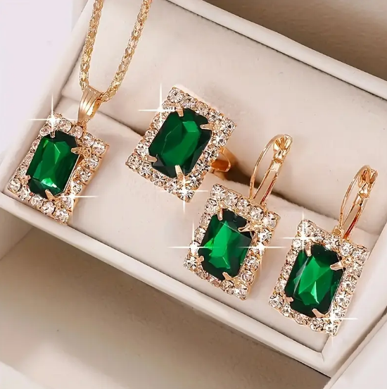 Gold Emerald Rectangular Jewelry Set