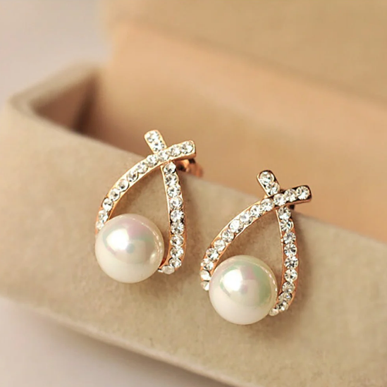 Gold Crisscross Pearl Stud Earrings