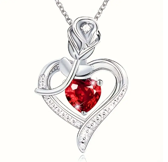 Silver Ruby Heart Pendant Necklace