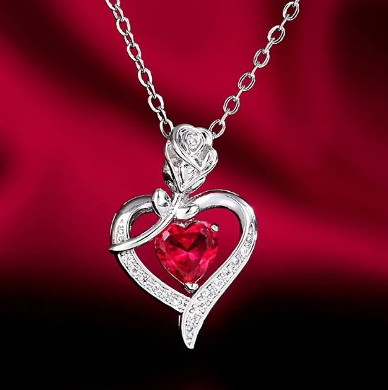 Silver Ruby Heart Pendant Necklace