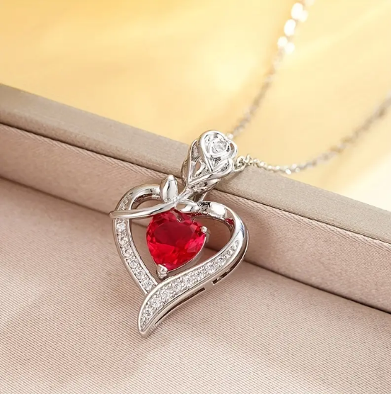 Silver Ruby Heart Pendant Necklace