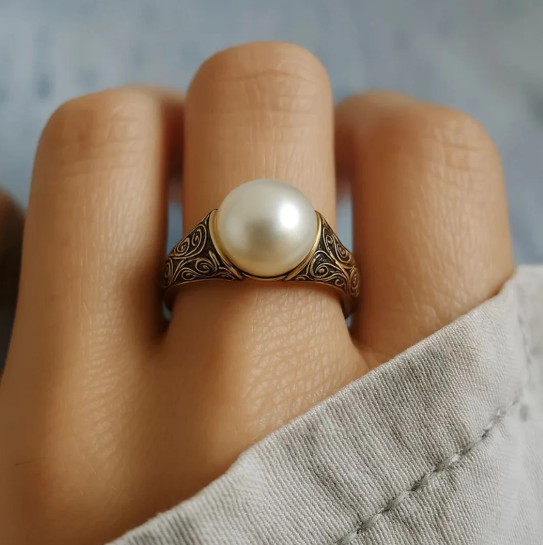 Gold Filigree Pearl Ring