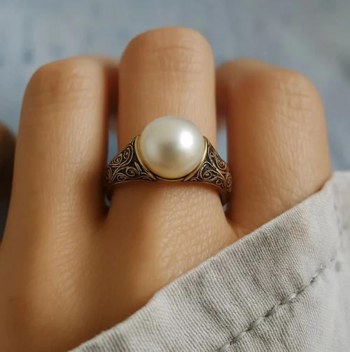 Gold-Tone Imitation Pearl Filigree Ring