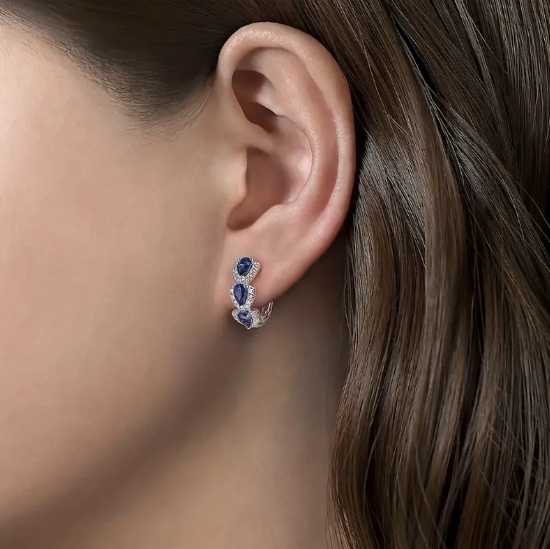Silver Sapphire Halo Hoop Earrings