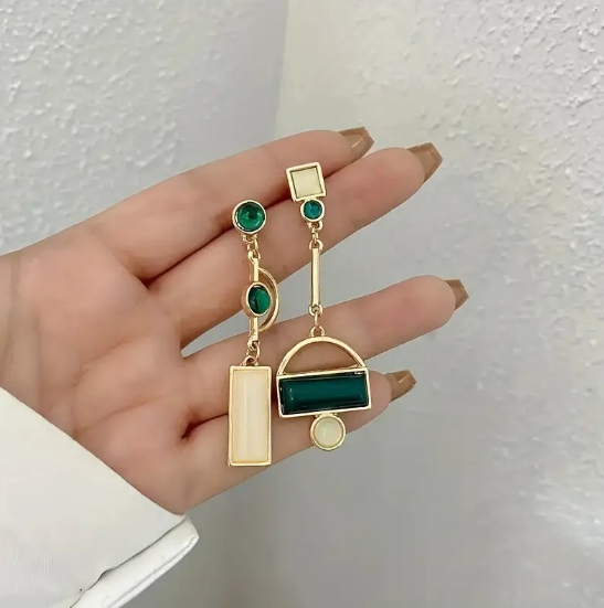 Gold Emerald Geometric Drop Earrings