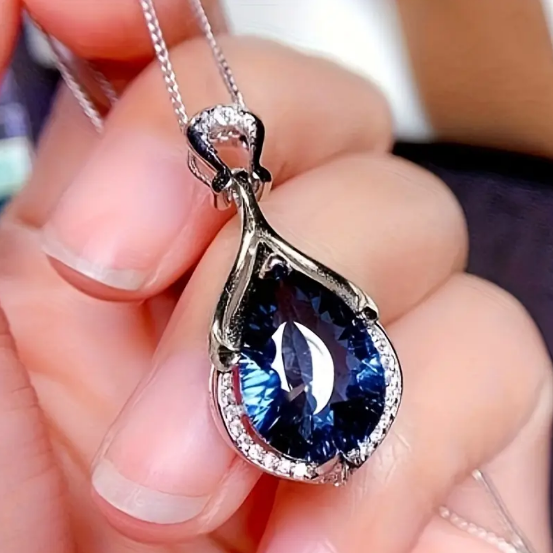 Silver Sapphire Teardrop Necklace