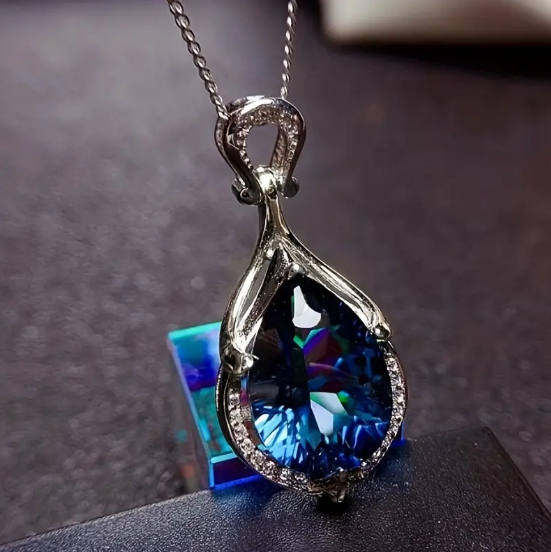 Silver Sapphire Teardrop Necklace