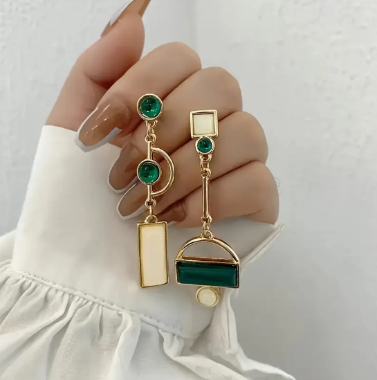 Gold Emerald Geometric Drop Earrings