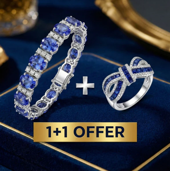 1+1 Offer: Oval & Round Cut Blue Tanzanite Bracelet + Knot Round Cut Blue Sapphire Wedding ring