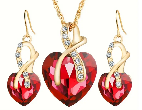 Gold Ruby Twisted Heart Jewelry Set